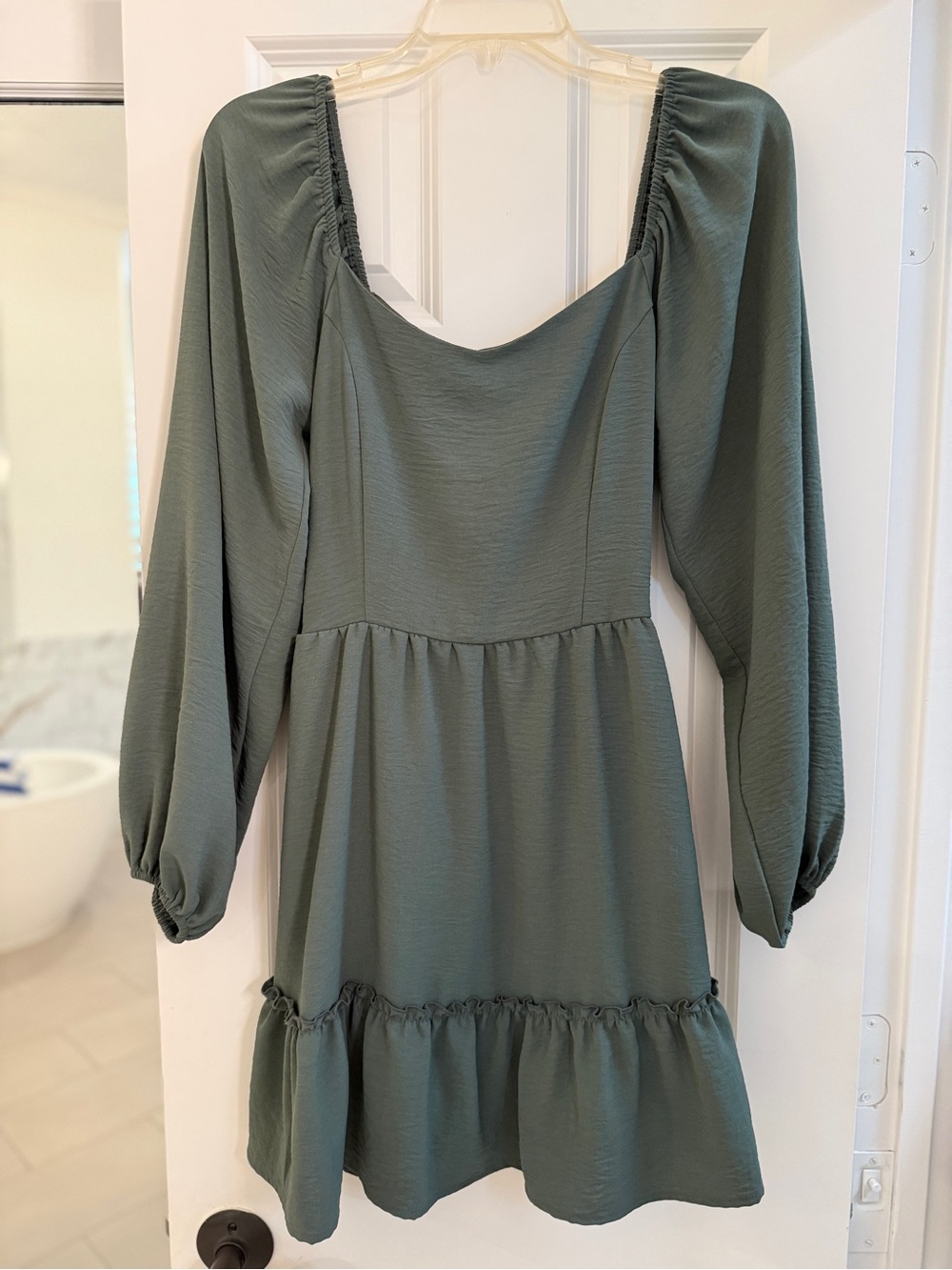 Altar'd State Sage Green Long Sleeve Ruffle-Hem Mini Dress Sz S